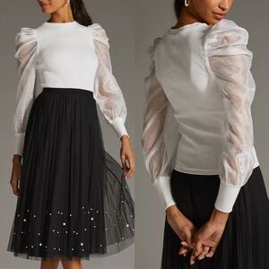 Anthropologie White Blouse with Sheer Puff Sleeves